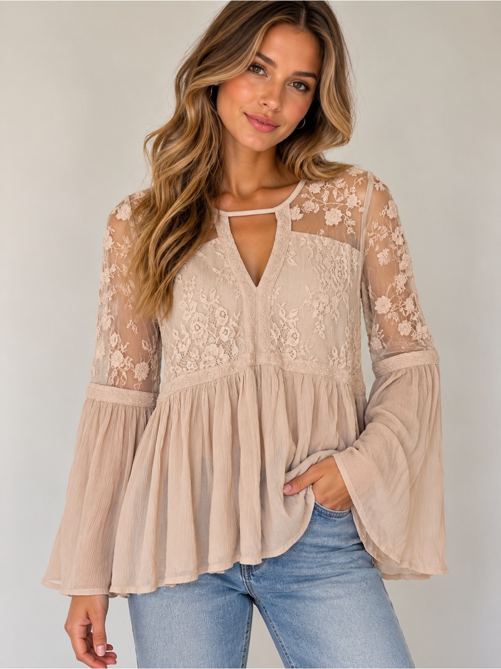 American Eagle Romantic Boho Lace Bell Sleeve Top L